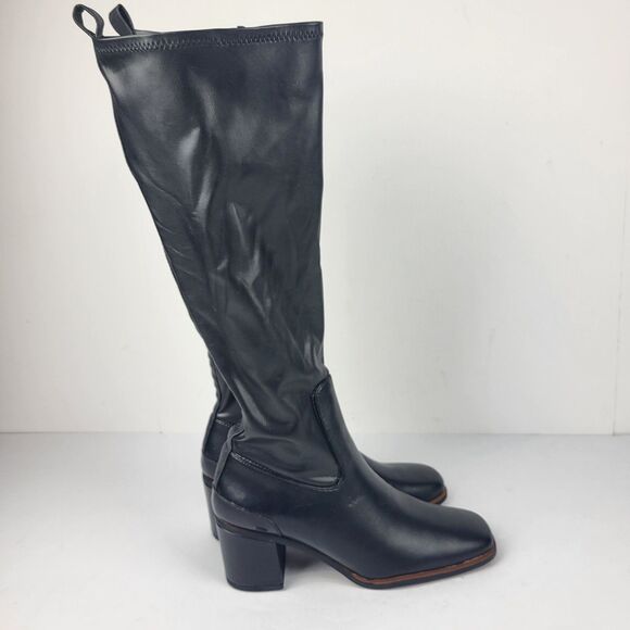 Franco Sarto Figaro Knee High Heeled Stretch Faux leather Black Boot Size 9.5M - Picture 12 of 16